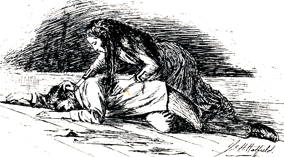 illustration of a woman leaning over a fallen man with concern
