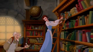Beauty and the beast gif in which main character sings in the huge library